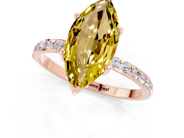 Rose gold Marquise Cut Yellow Sapphire Solitaire Ring with Round Pavé Shoulders and Prong Setting