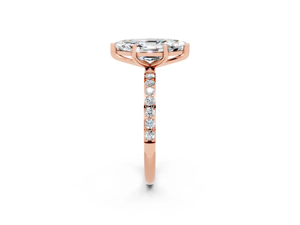 Rose gold Marquise Cut Moissanite Solitaire Ring with Round Pavé Shoulders and Prong Setting
