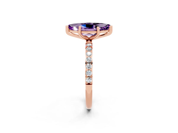 Rose gold Marquise Cut Amethyst Solitaire Ring with Round Pavé Shoulders and Prong Setting