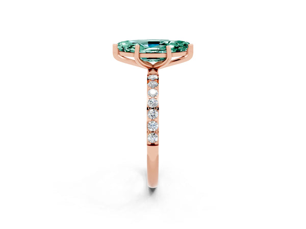 Rose gold Marquise Cut Green Sapphire Solitaire Ring with Round Pavé Shoulders and Prong Setting