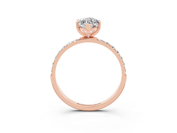 Rose gold Marquise Cut Moissanite Solitaire Ring with Round Pavé Shoulders and Prong Setting