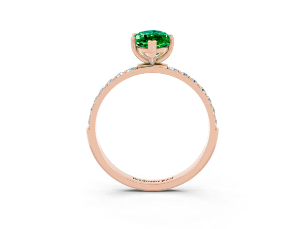 Rose gold Marquise Cut Emerald Solitaire Ring with Round Pavé Shoulders and Prong Setting