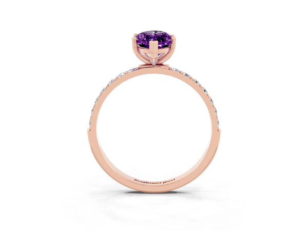 Rose gold Marquise Cut Amethyst Solitaire Ring with Round Pavé Shoulders and Prong Setting