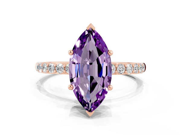 Rose gold Marquise Cut Amethyst Solitaire Ring with Round Pavé Shoulders and Prong Setting