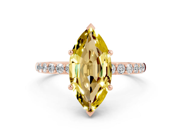 Rose gold Marquise Cut Yellow Sapphire Solitaire Ring with Round Pavé Shoulders and Prong Setting