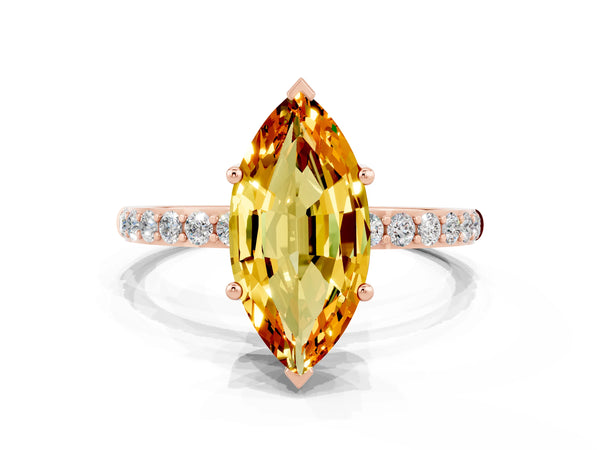 Rose gold Marquise Cut Citrine Solitaire Ring with Round Pavé Shoulders and Prong Setting