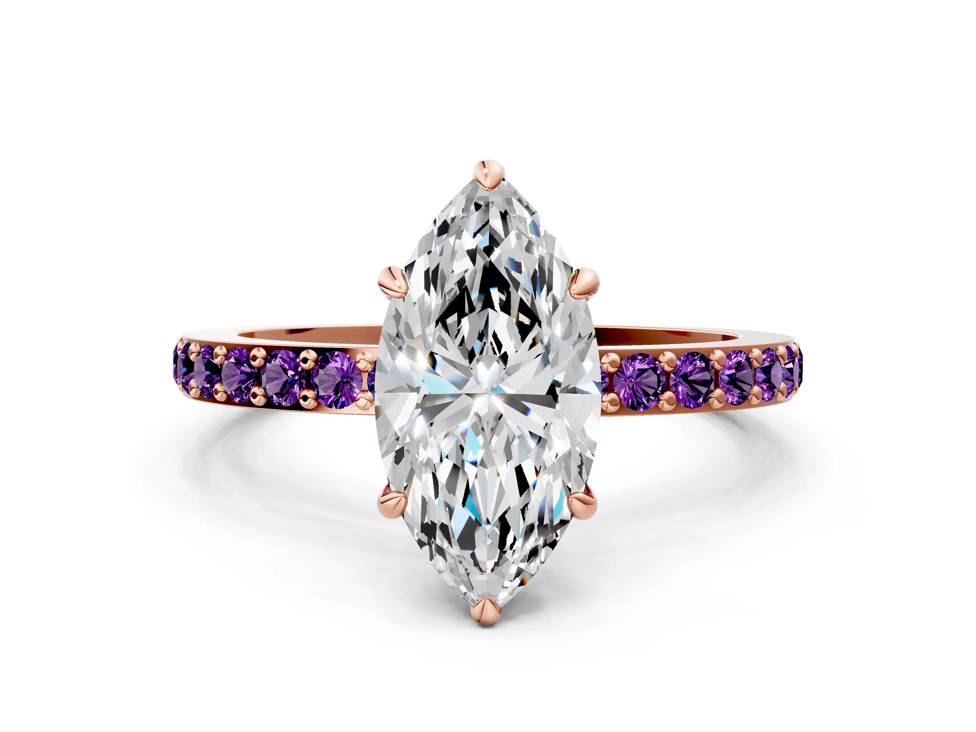 Rose gold Marquise Cut Diamond Pavé Engagement Ring with Round with Amethyst side stone Accents and Prong Setting