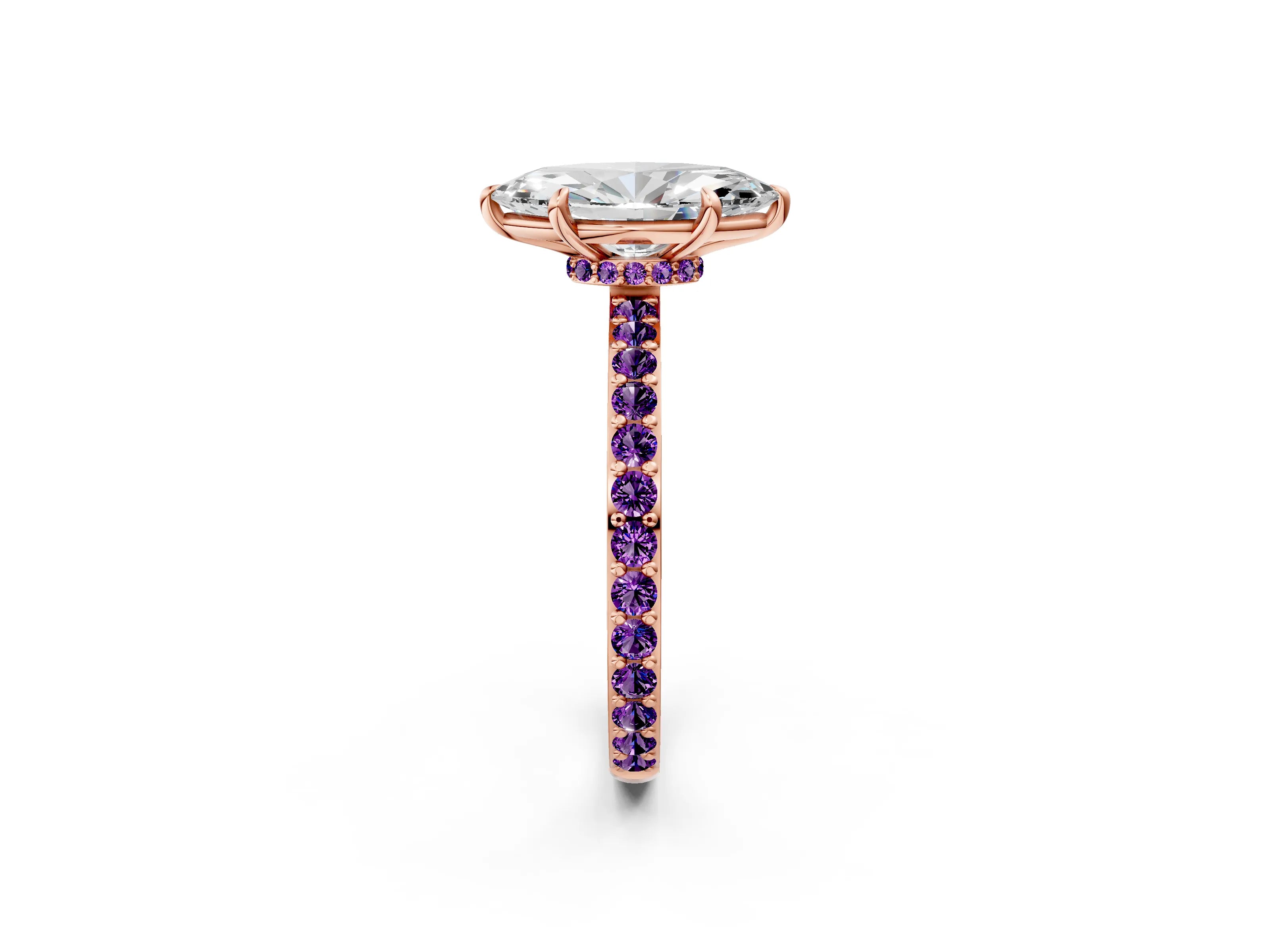 Rose gold Marquise Cut Diamond Pavé Engagement Ring with Round with Amethyst side stone Accents and Prong Setting_2