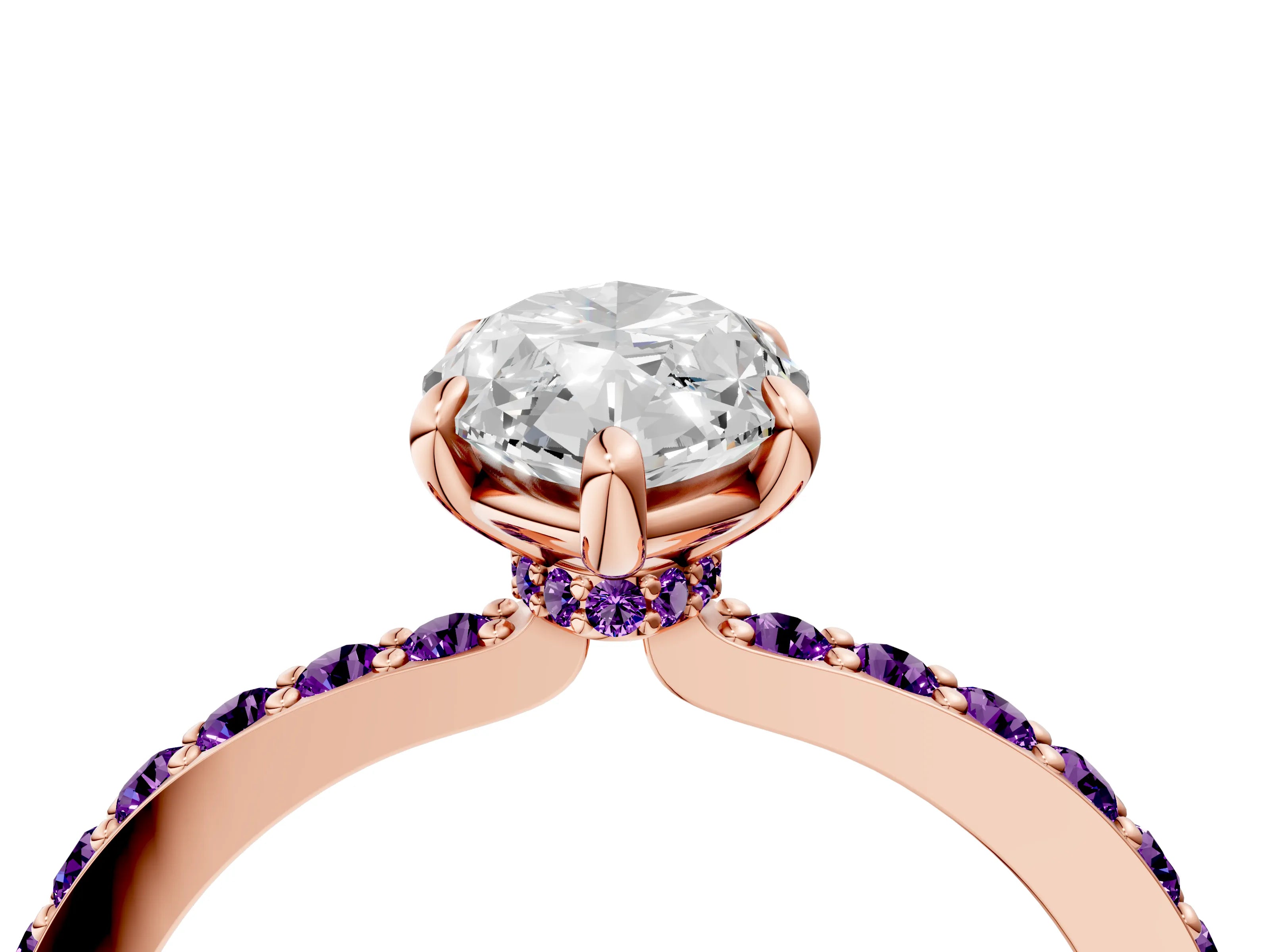 Rose gold Marquise Cut Diamond Pavé Engagement Ring with Round with Amethyst side stone Accents and Prong Setting_4