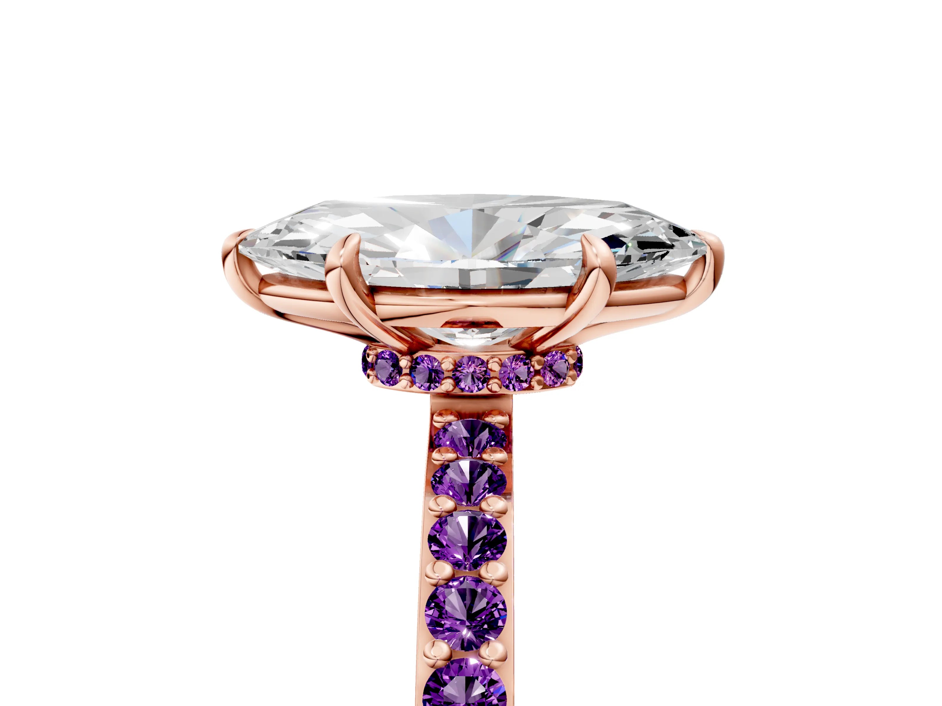 Rose gold Marquise Cut Diamond Pavé Engagement Ring with Round with Amethyst side stone Accents and Prong Setting_5