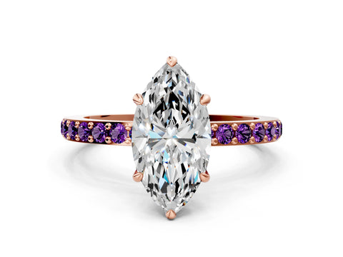 Rose gold Marquise Cut Diamond Pavé Engagement Ring with Round with Amethyst side stone Accents and Prong Setting