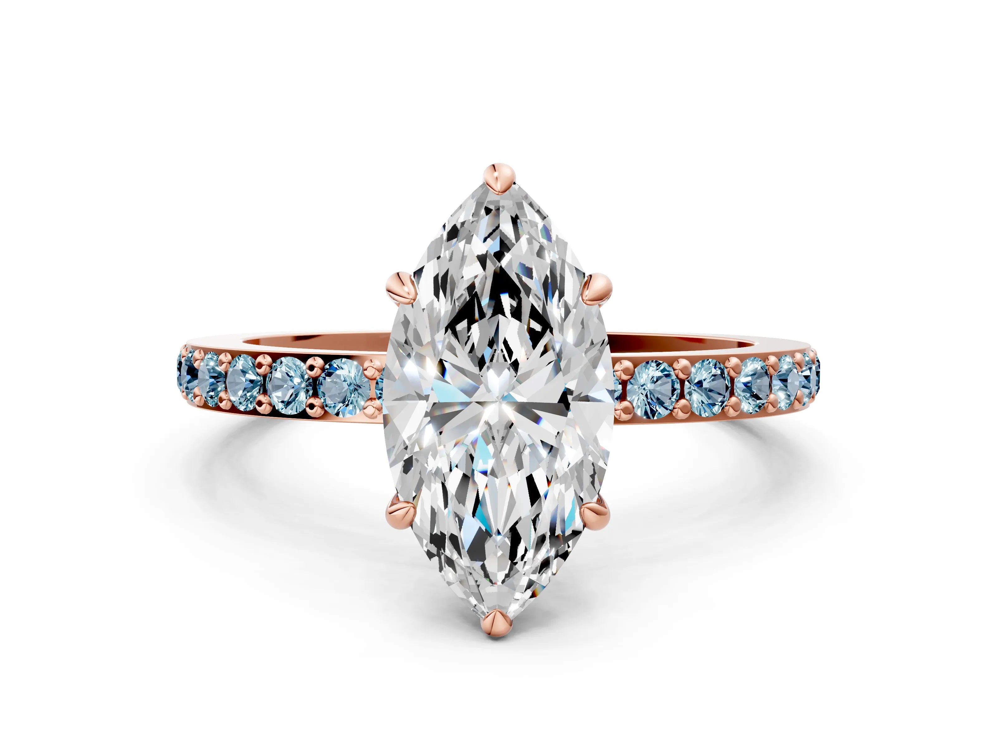 Rose gold Marquise Cut Diamond Pavé Engagement Ring with Round with Aquamarine side stone Accents and Prong Setting