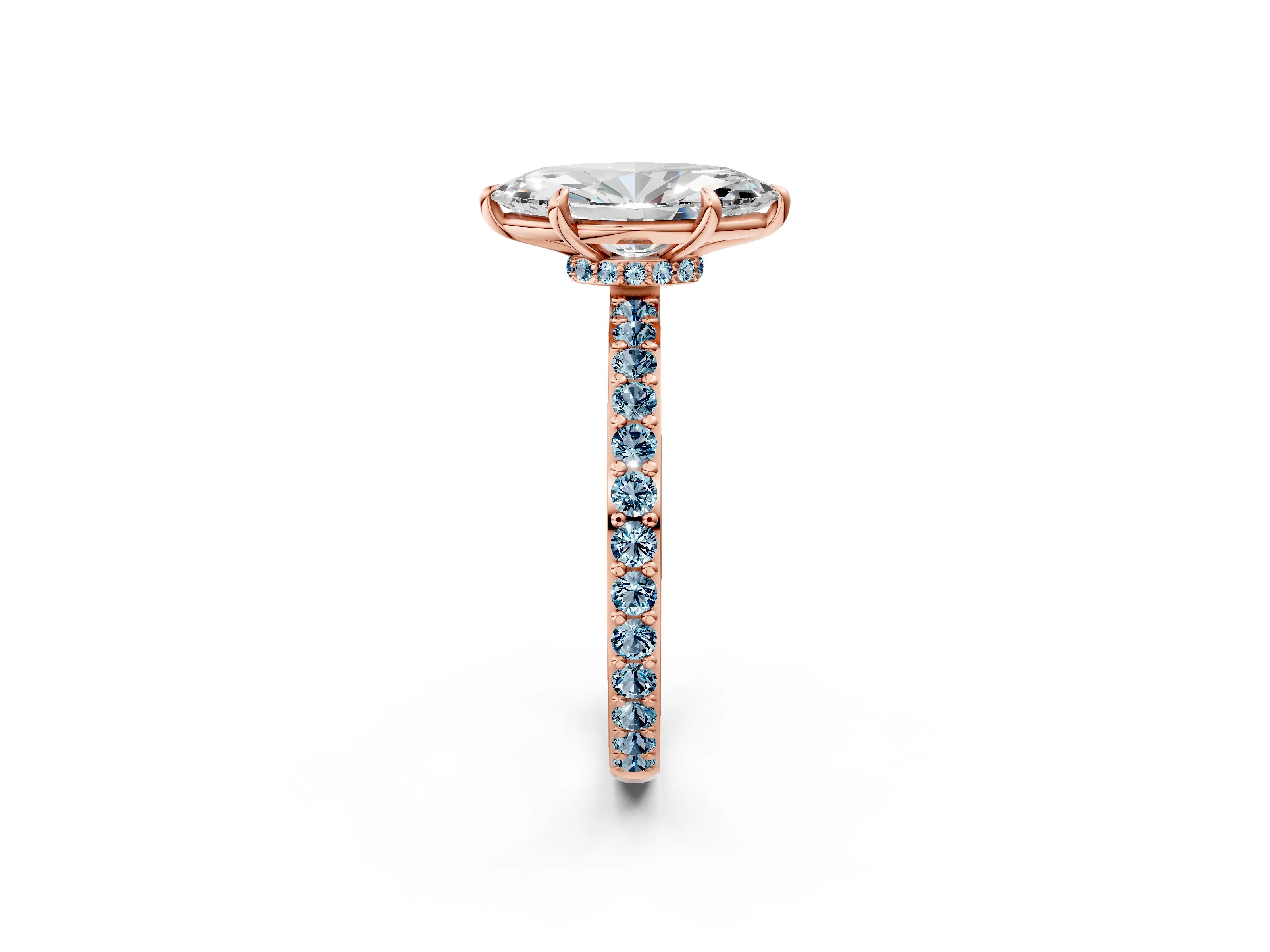 Rose gold Marquise Cut Diamond Pavé Engagement Ring with Round with Aquamarine side stone Accents and Prong Setting_2