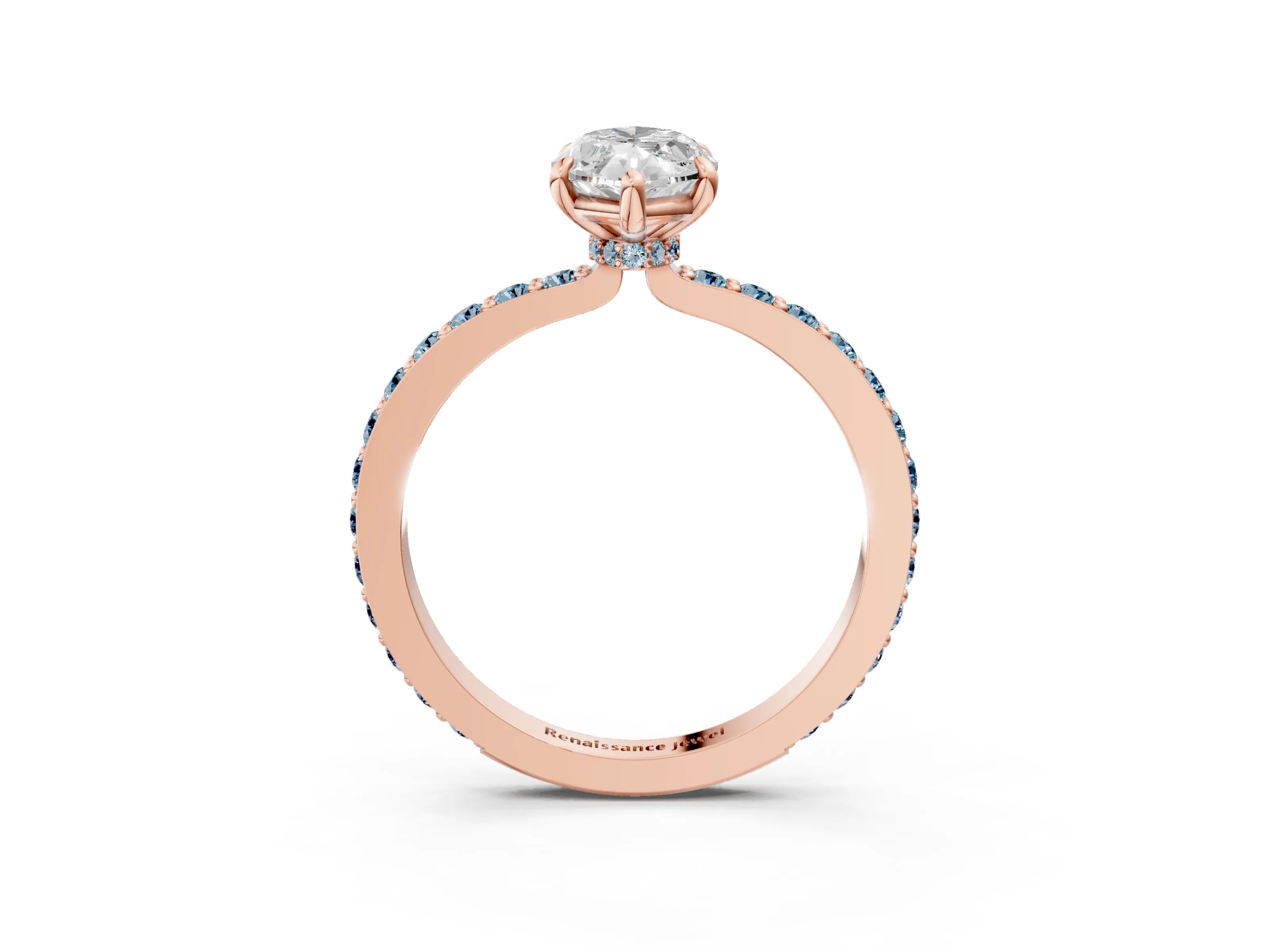 Rose gold Marquise Cut Diamond Pavé Engagement Ring with Round with Aquamarine side stone Accents and Prong Setting_3