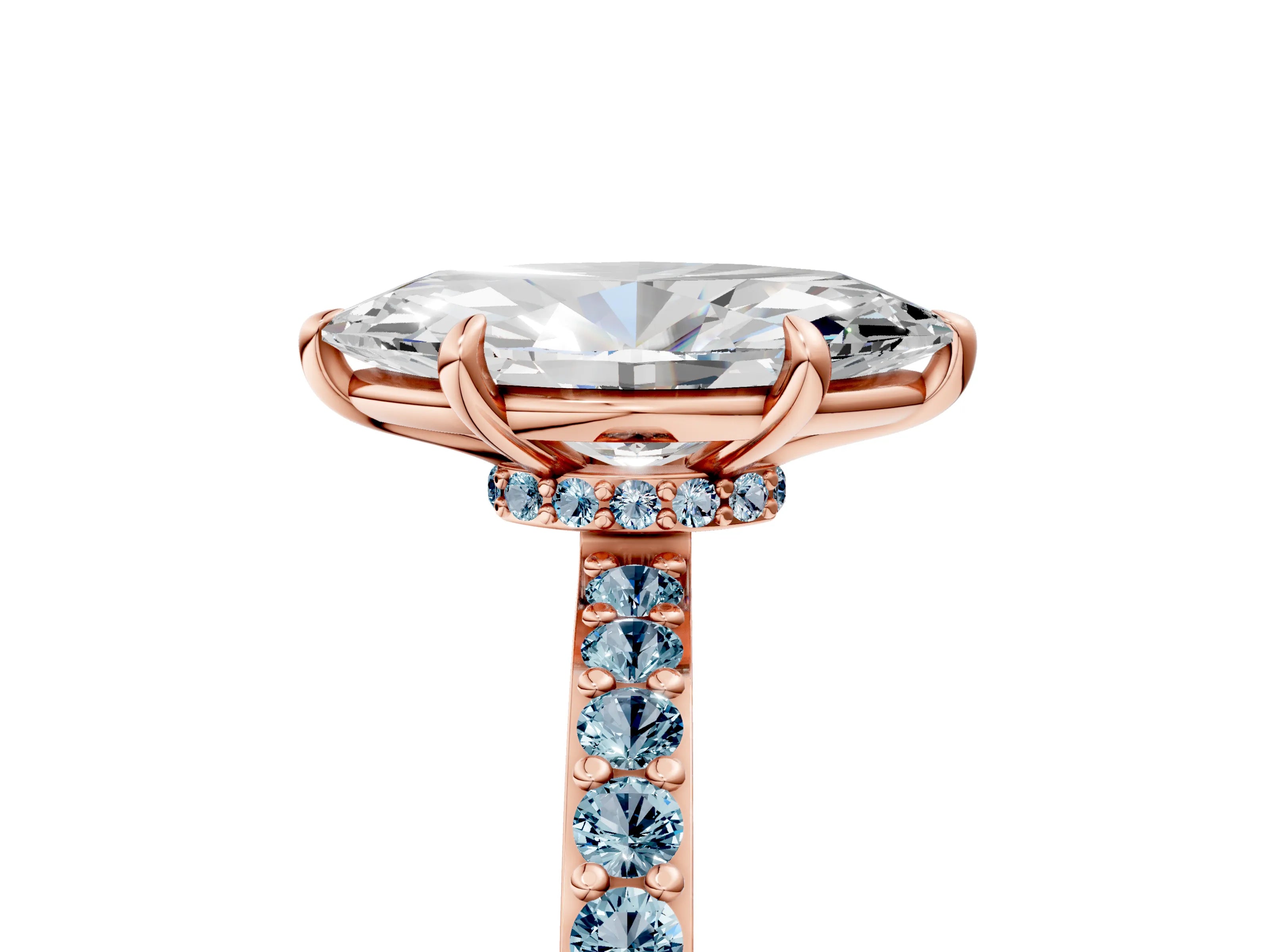 Rose gold Marquise Cut Diamond Pavé Engagement Ring with Round with Aquamarine side stone Accents and Prong Setting_5