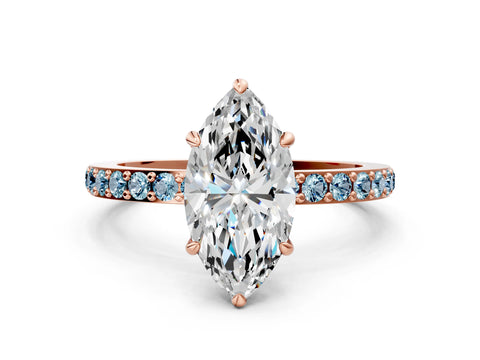Rose gold Marquise Cut Diamond Pavé Engagement Ring with Round with Aquamarine side stone Accents and Prong Setting