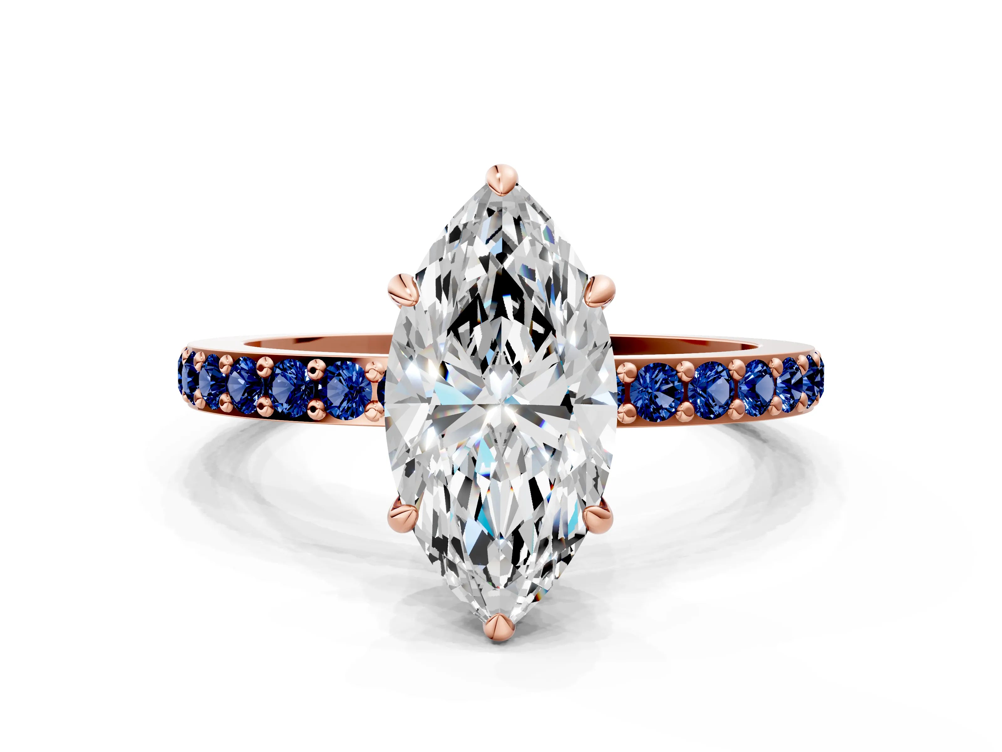 Rose gold Marquise Cut Diamond Pavé Engagement Ring with Round with Blue Sapphire side stone Accents and Prong Setting