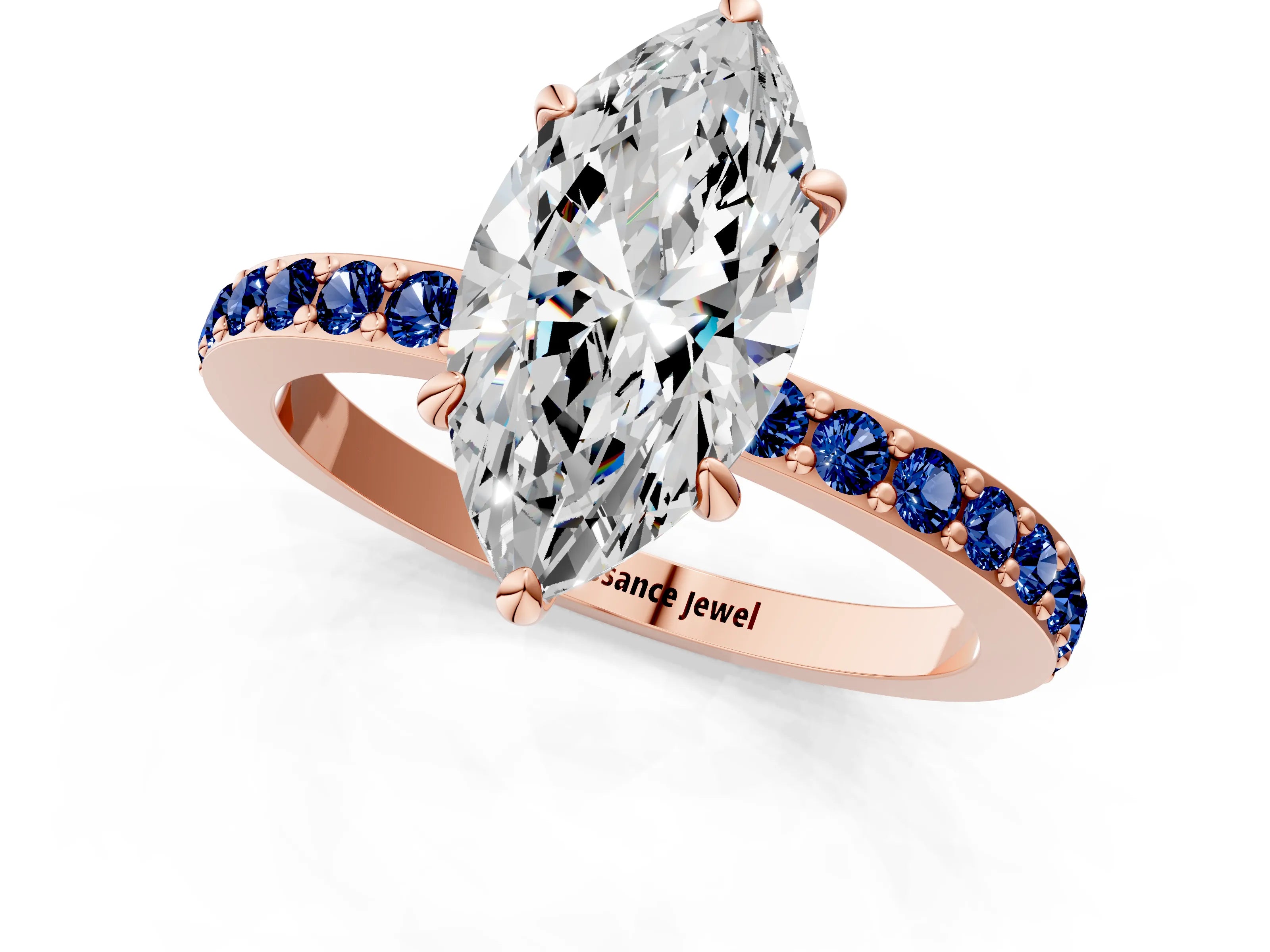 Rose gold Marquise Cut Diamond Pavé Engagement Ring with Round with Blue Sapphire side stone Accents and Prong Setting_1