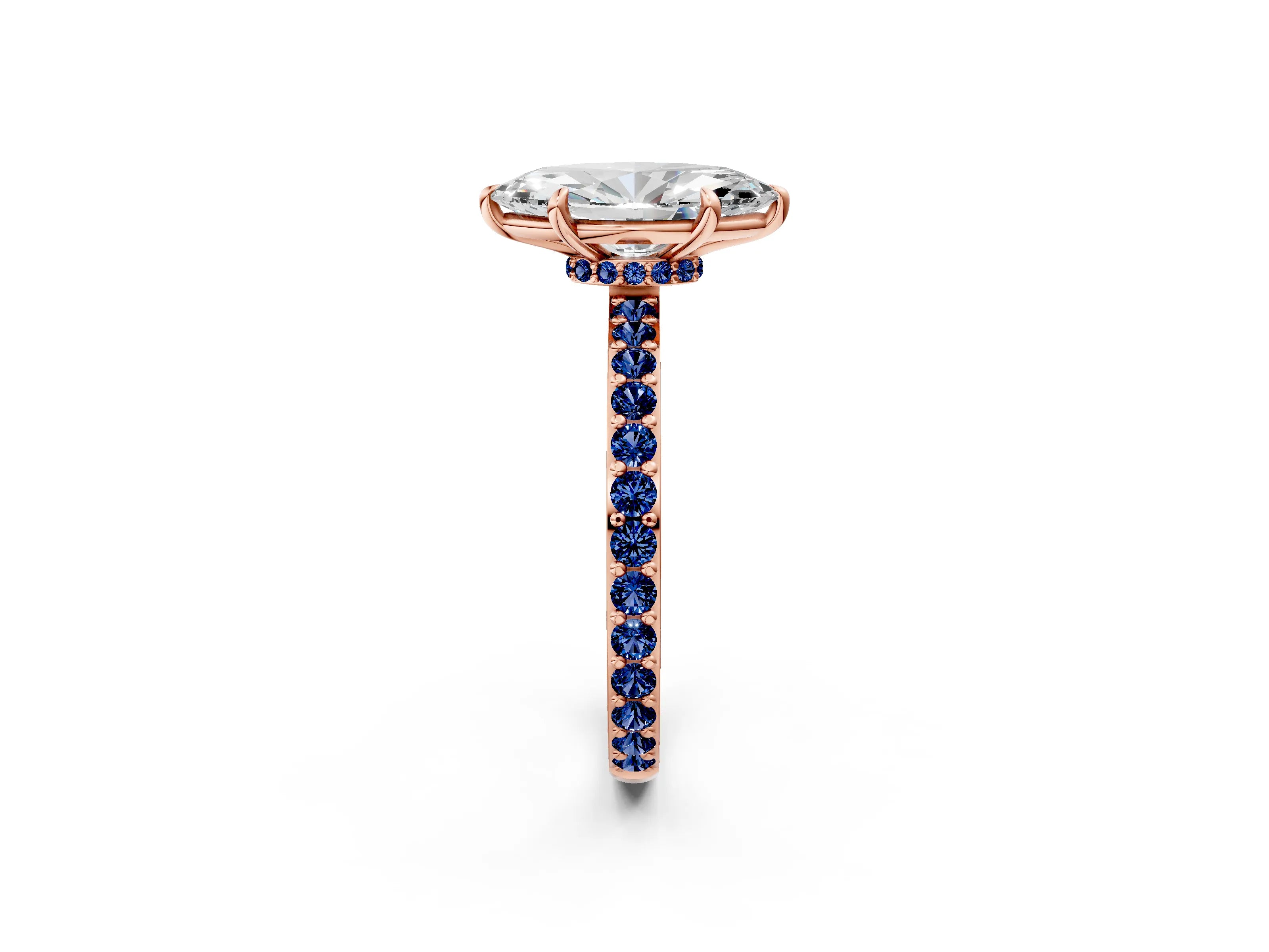 Rose gold Marquise Cut Diamond Pavé Engagement Ring with Round with Blue Sapphire side stone Accents and Prong Setting_2