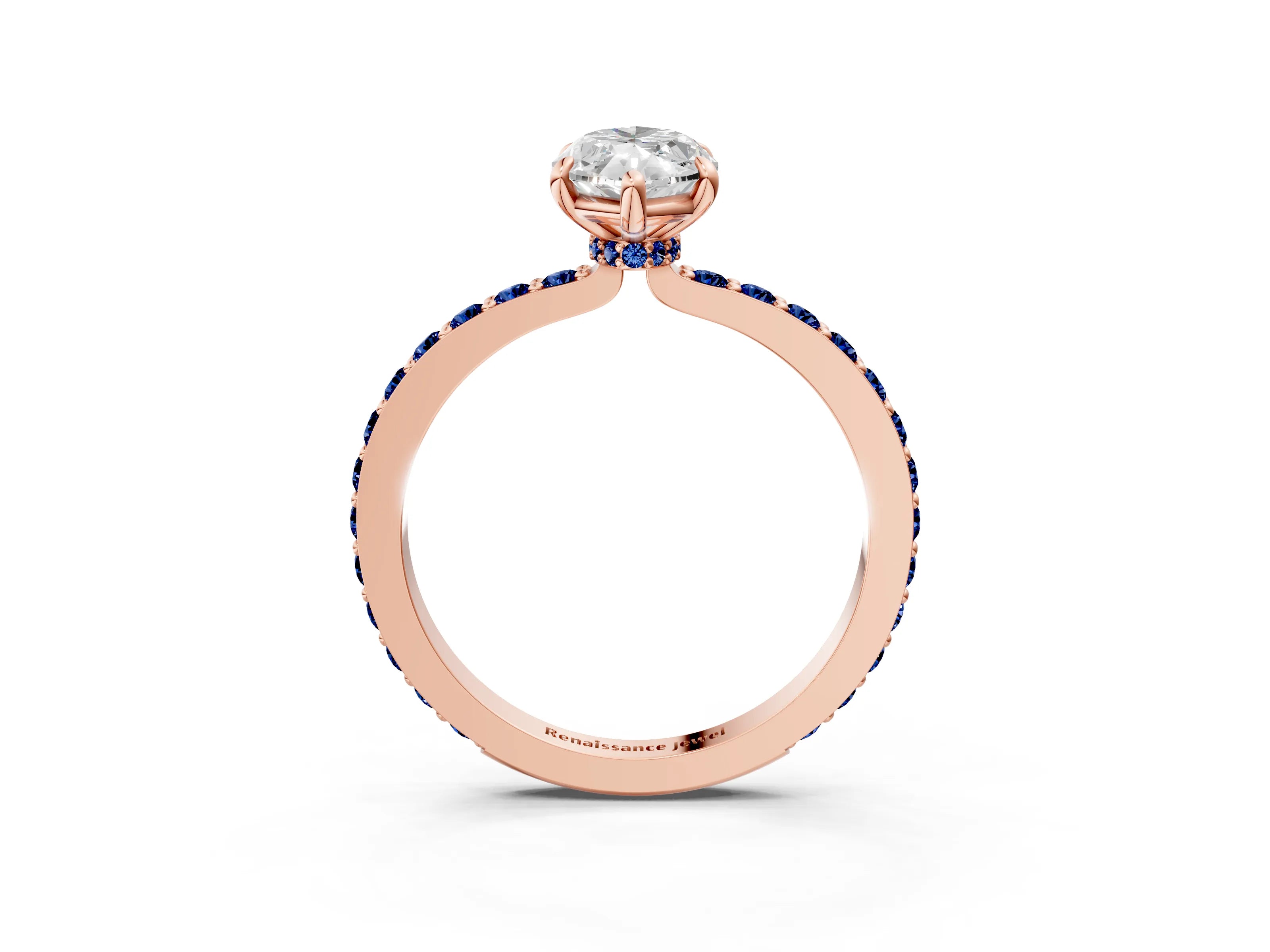Rose gold Marquise Cut Diamond Pavé Engagement Ring with Round with Blue Sapphire side stone Accents and Prong Setting_3