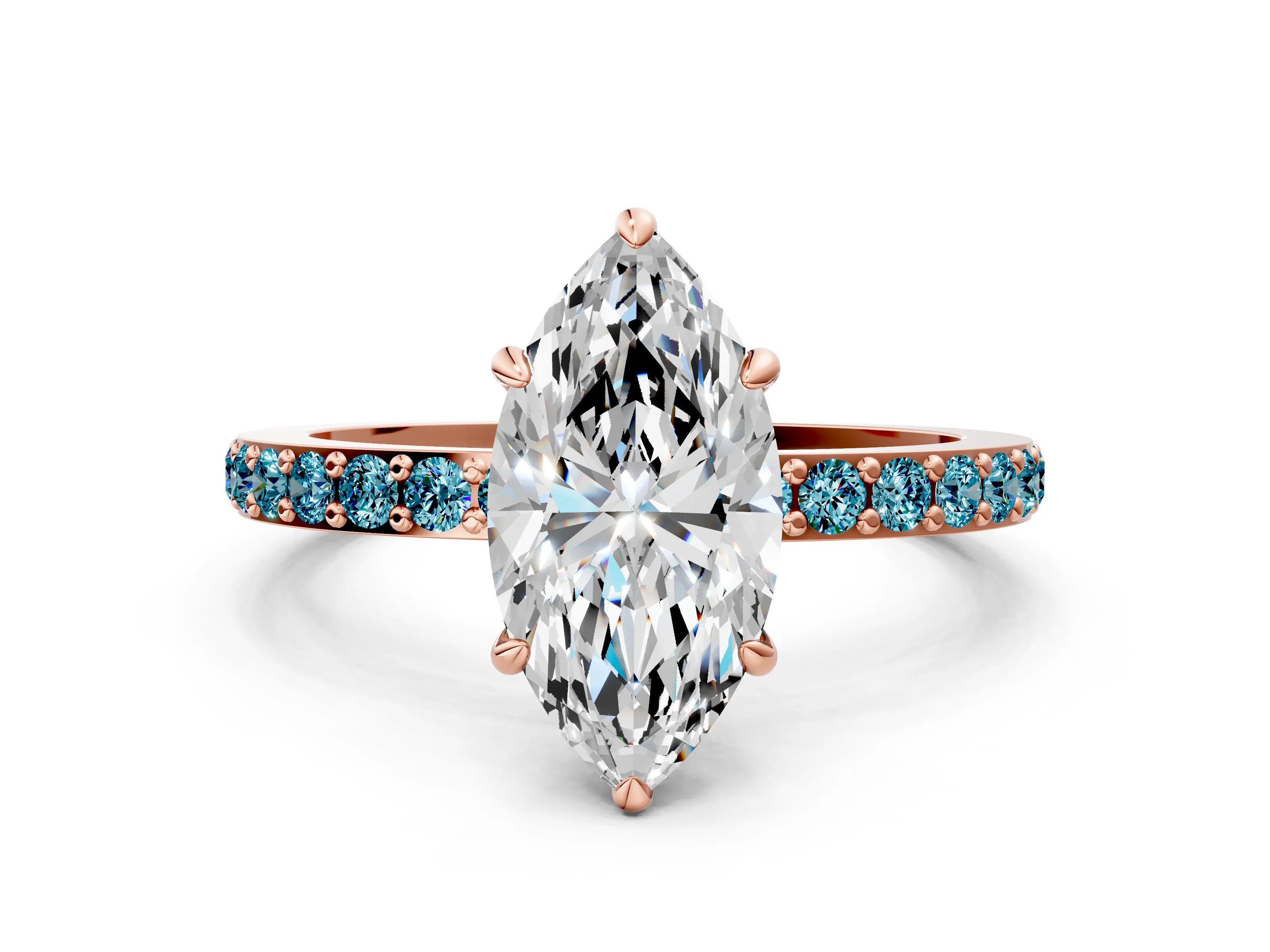 Rose gold Marquise Cut Diamond Pavé Engagement Ring with Round with Blue Topaz side stone Accents and Prong Setting