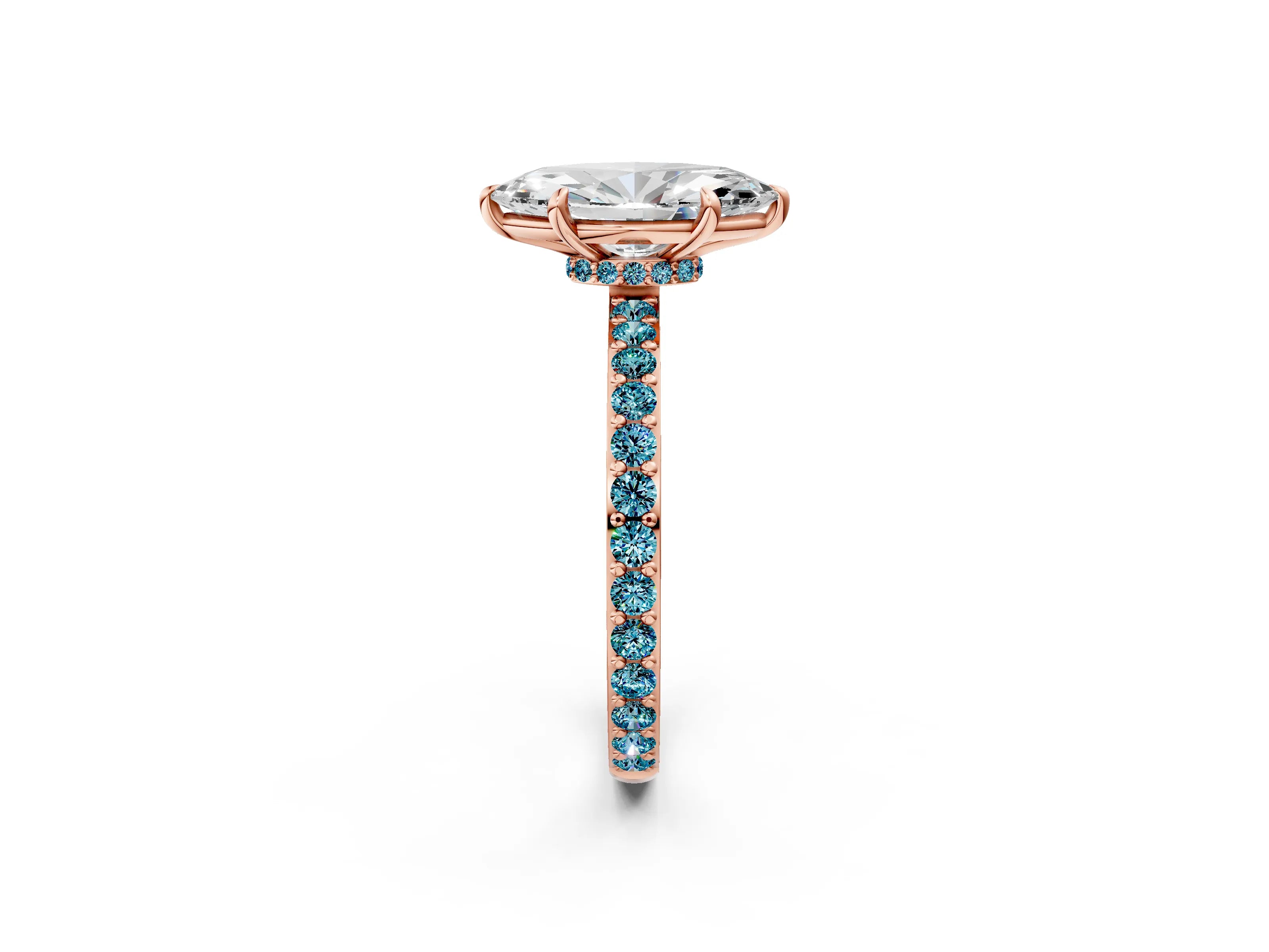 Rose gold Marquise Cut Diamond Pavé Engagement Ring with Round with Blue Topaz side stone Accents and Prong Setting_2