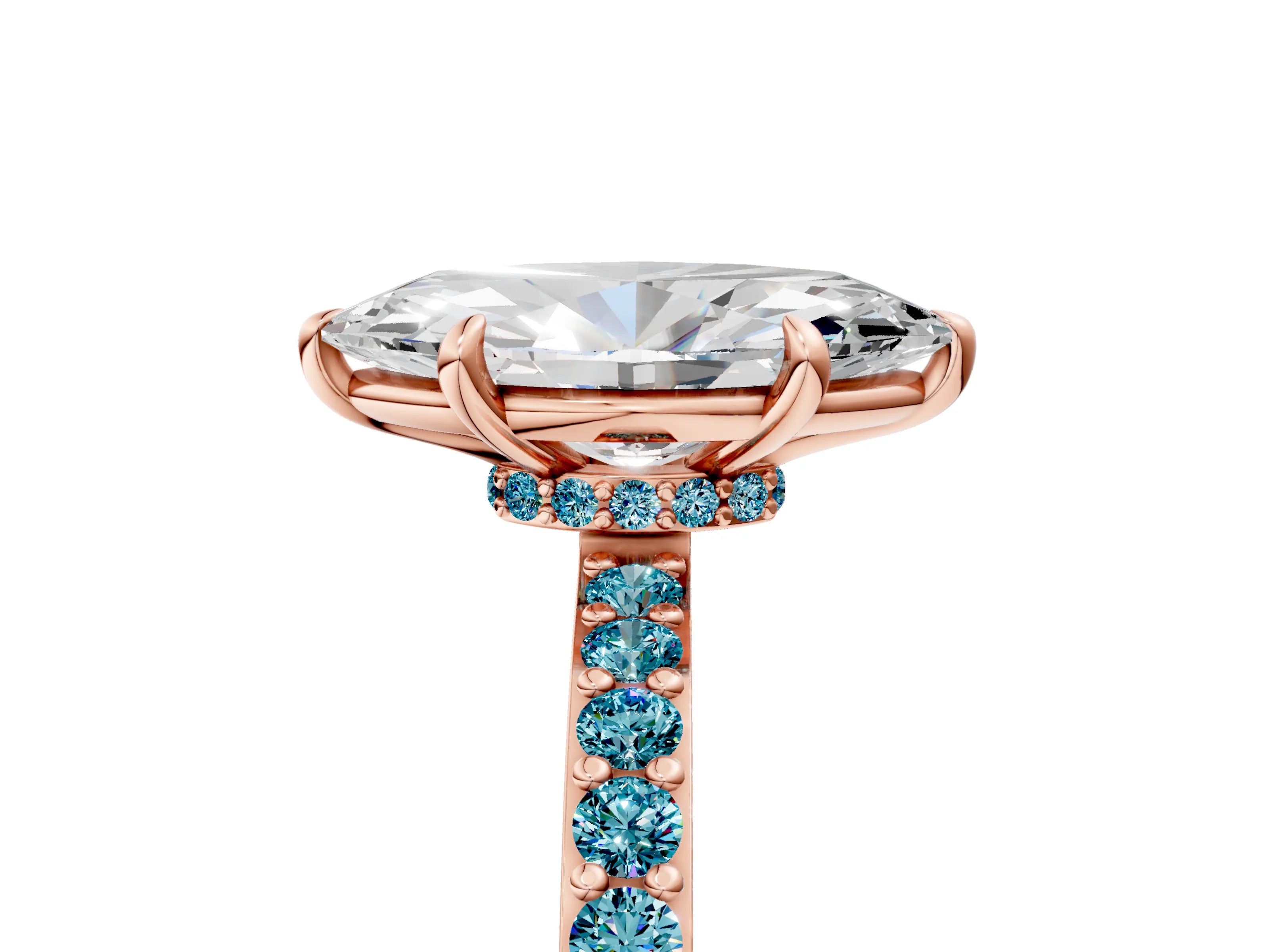 Rose gold Marquise Cut Diamond Pavé Engagement Ring with Round with Blue Topaz side stone Accents and Prong Setting_5