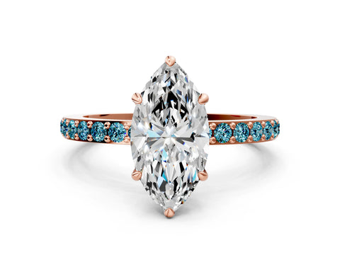 Rose gold Marquise Cut Diamond Pavé Engagement Ring with Round with Blue Topaz side stone Accents and Prong Setting