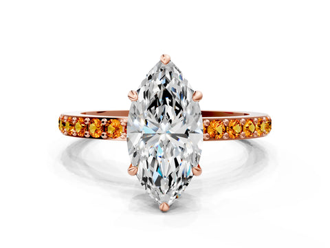 Rose gold Marquise Cut Diamond Pavé Engagement Ring with Round with Citrine side stone Accents and Prong Setting