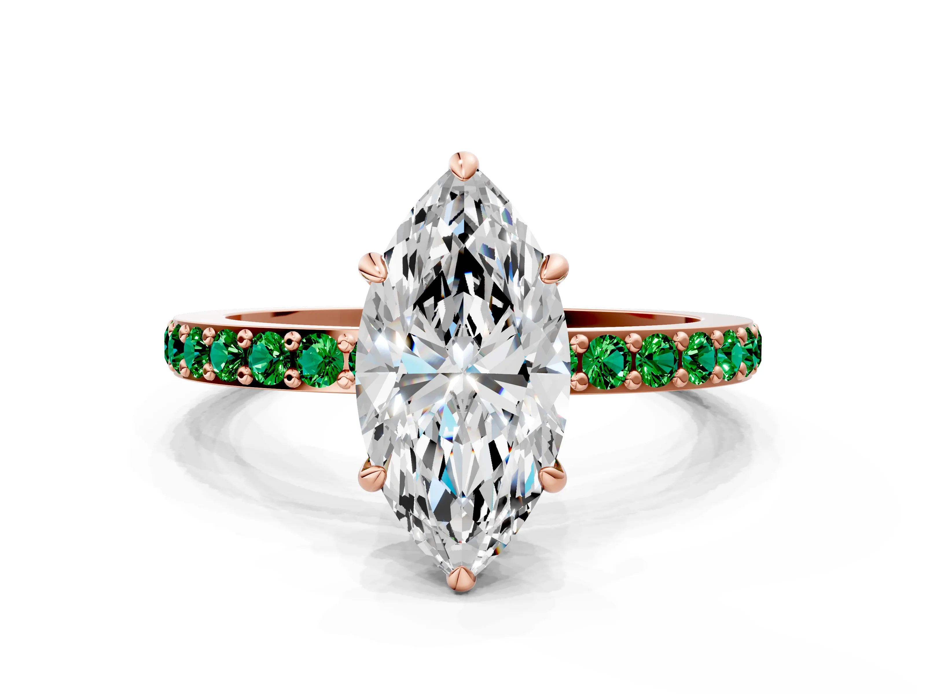 Rose gold Marquise Cut Diamond Pavé Engagement Ring with Round with Emerald side stone Accents and Prong Setting