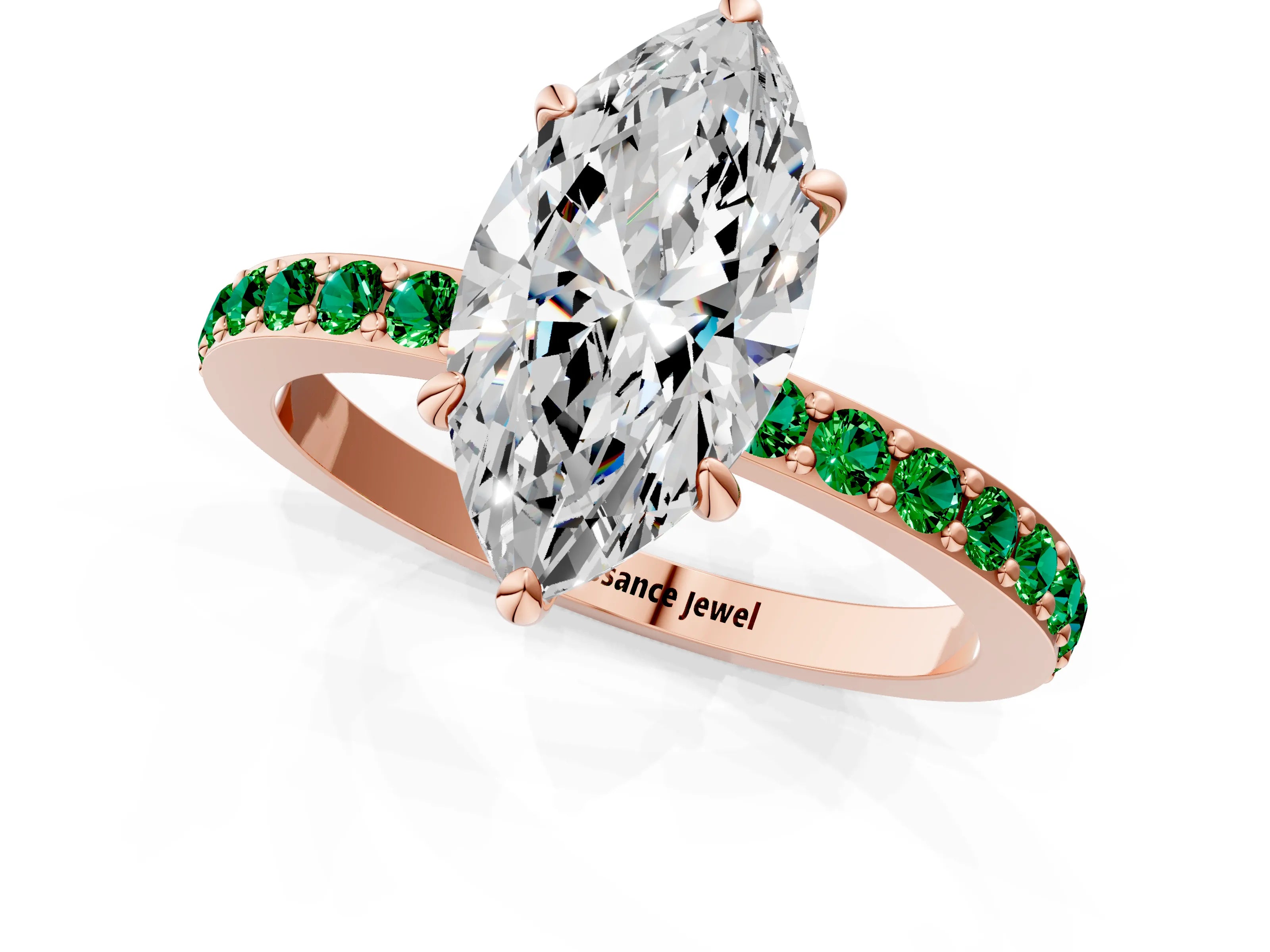 Rose gold Marquise Cut Diamond Pavé Engagement Ring with Round with Emerald side stone Accents and Prong Setting_1