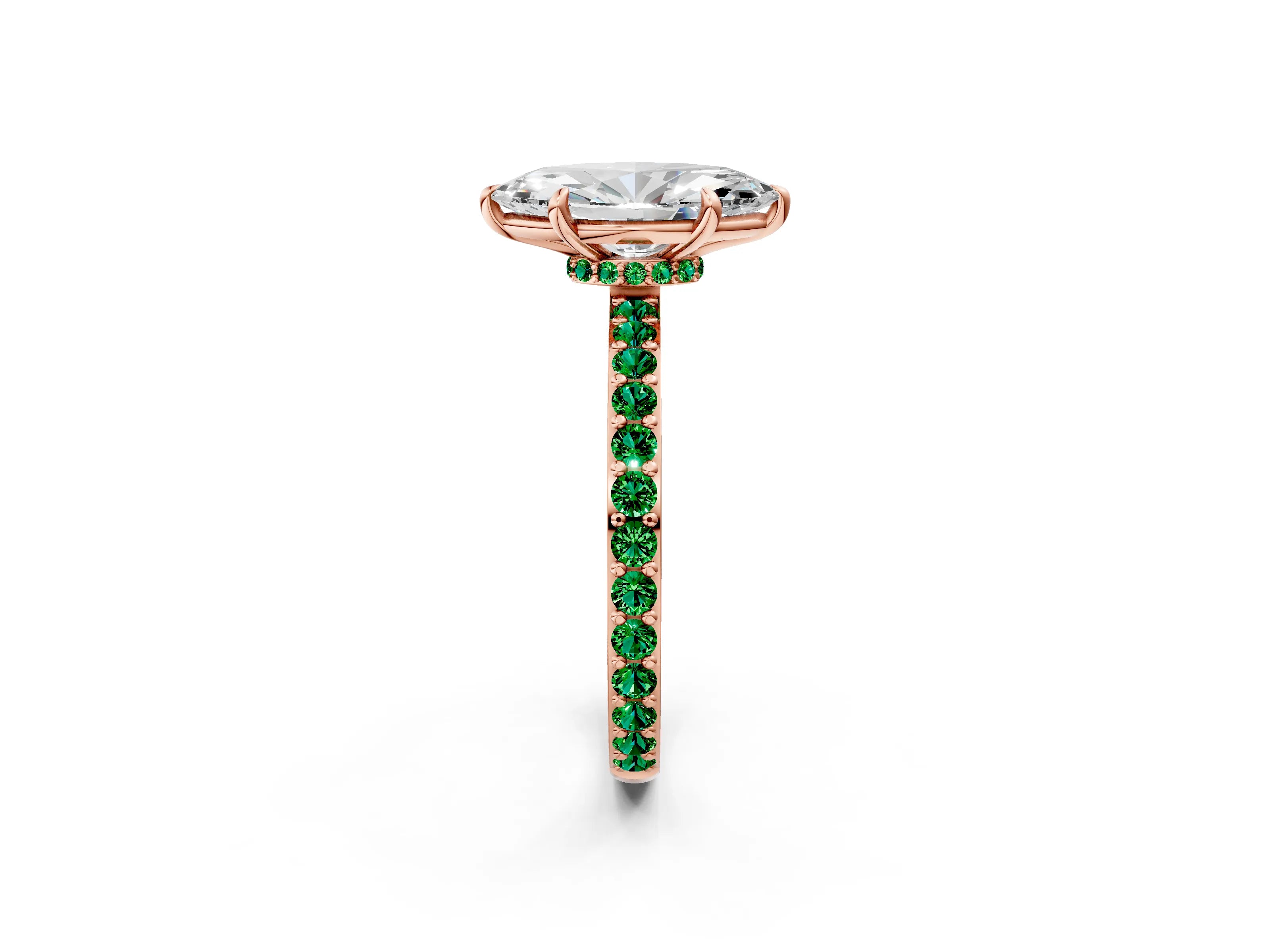 Rose gold Marquise Cut Diamond Pavé Engagement Ring with Round with Emerald side stone Accents and Prong Setting_2