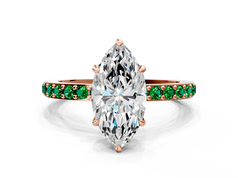 Rose gold Marquise Cut Diamond Pavé Engagement Ring with Round with Emerald side stone Accents and Prong Setting