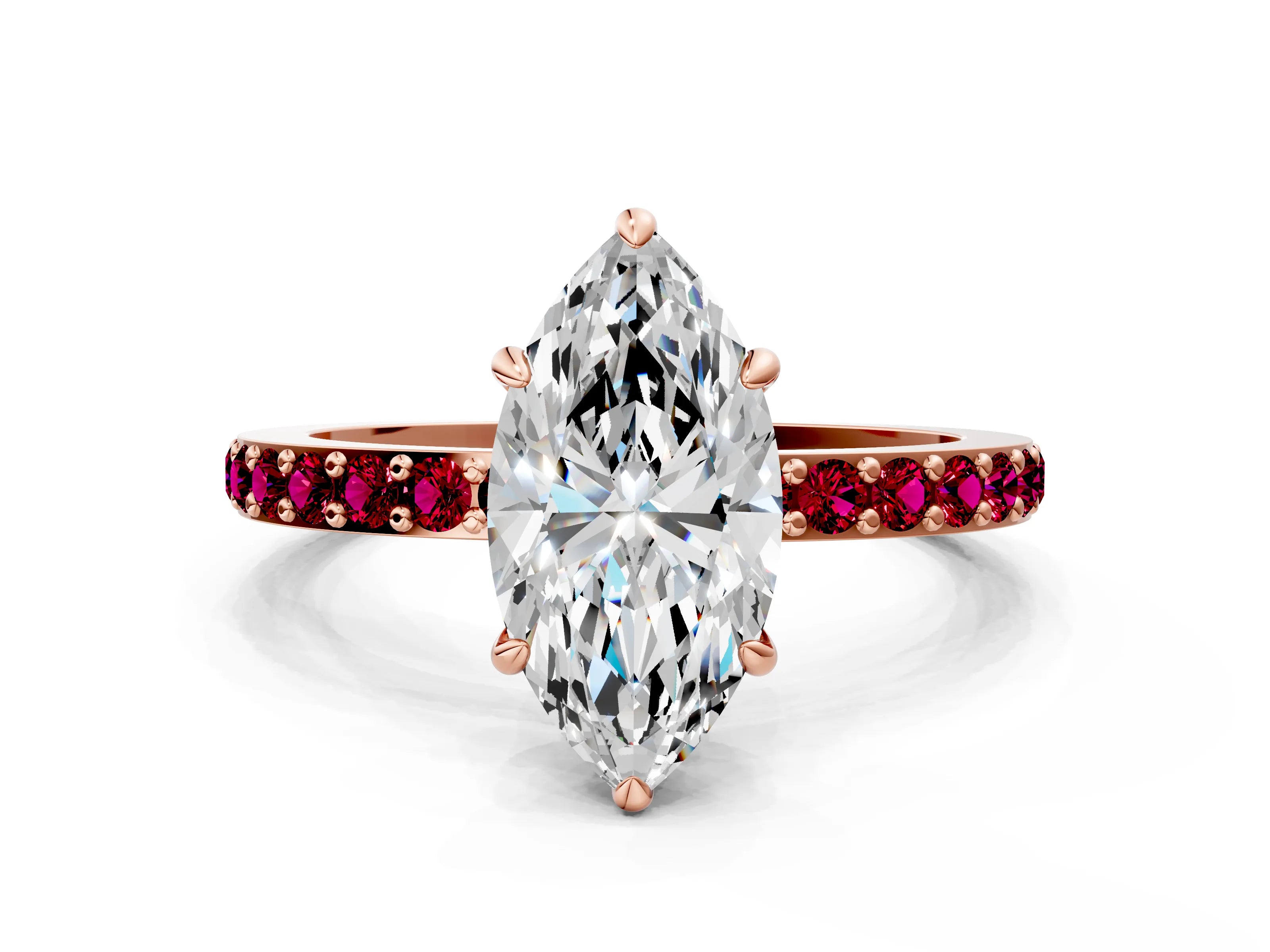 Rose gold Marquise Cut Diamond Pavé Engagement Ring with Round with Garnet side stone Accents and Prong Setting