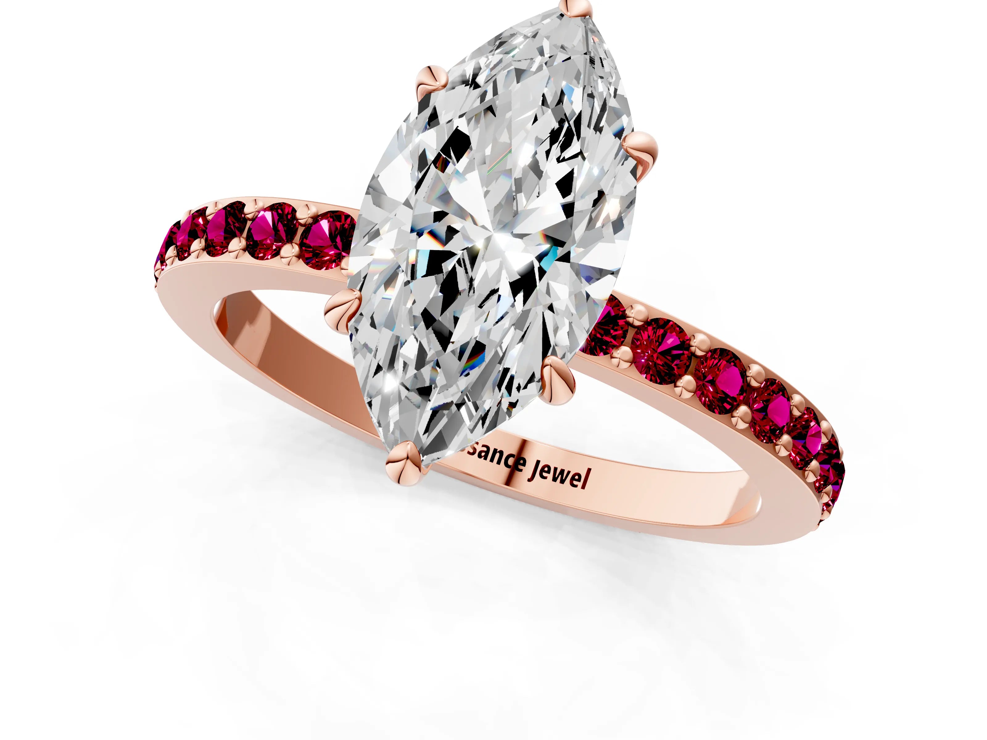Rose gold Marquise Cut Diamond Pavé Engagement Ring with Round with Garnet side stone Accents and Prong Setting_1