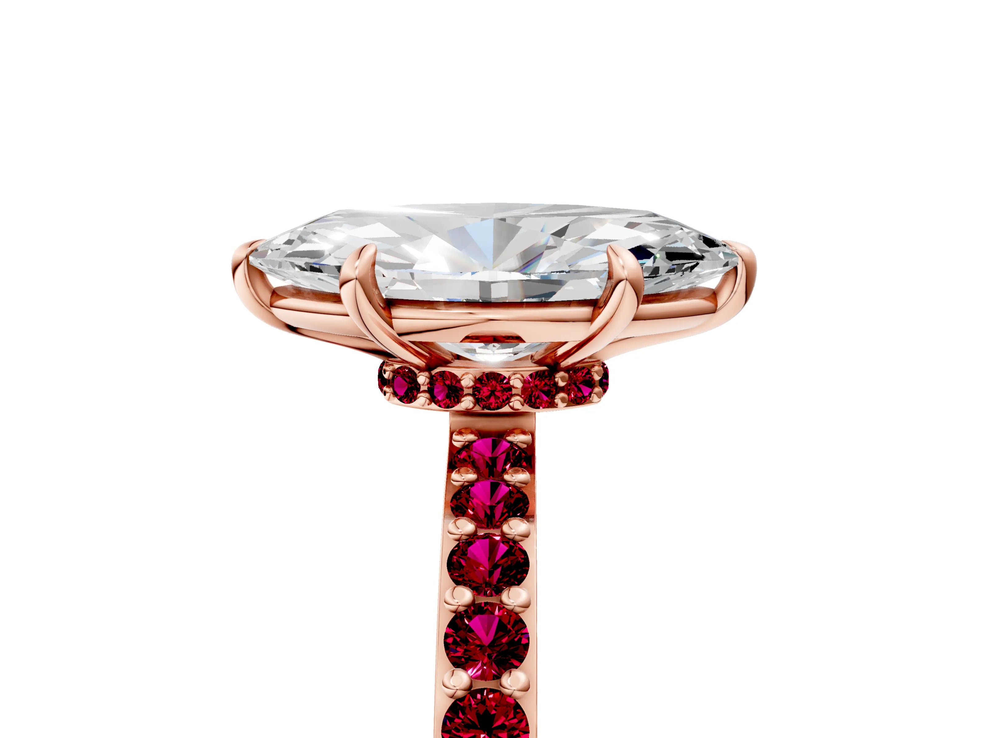 Rose gold Marquise Cut Diamond Pavé Engagement Ring with Round with Garnet side stone Accents and Prong Setting_5