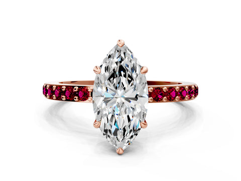 Rose gold Marquise Cut Diamond Pavé Engagement Ring with Round with Garnet side stone Accents and Prong Setting