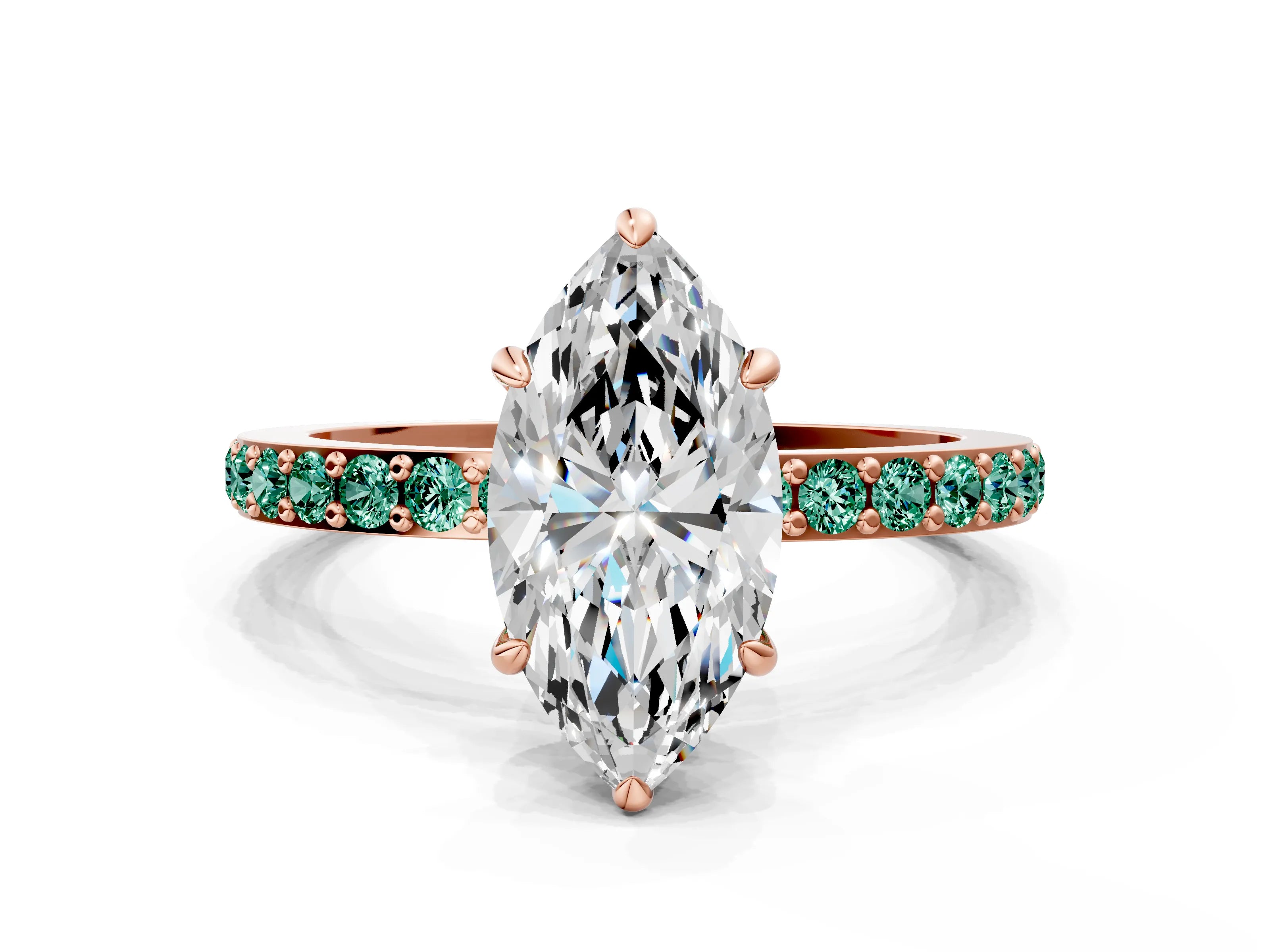 Rose gold Marquise Cut Diamond Pavé Engagement Ring with Round with Green Sapphire side stone Accents and Prong Setting