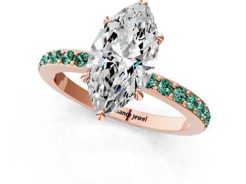 Rose gold Marquise Cut Diamond Pavé Engagement Ring with Round with Green Sapphire side stone Accents and Prong Setting_1