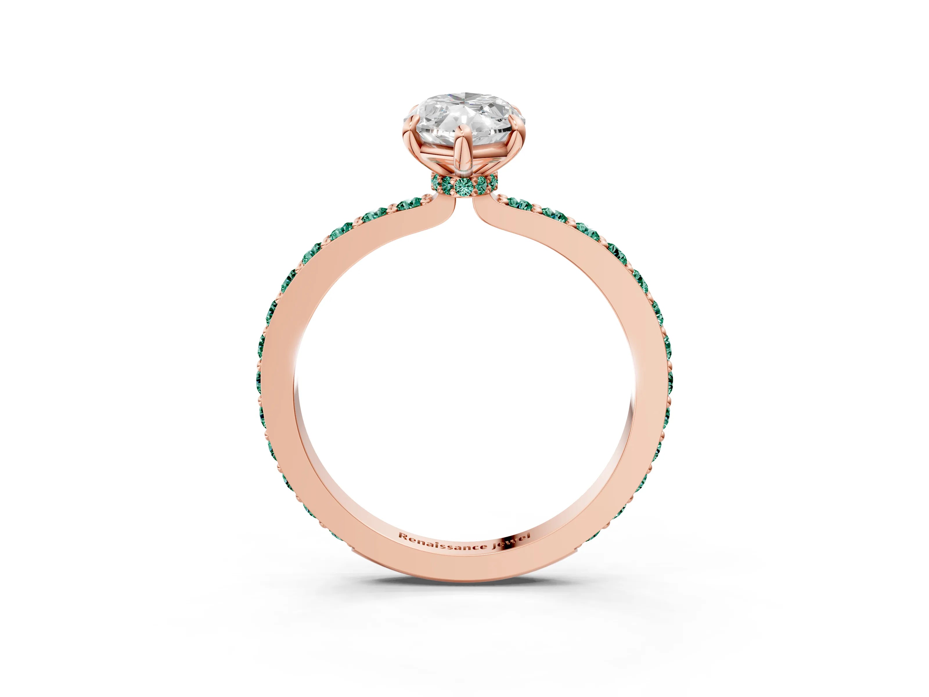 Rose gold Marquise Cut Diamond Pavé Engagement Ring with Round with Green Sapphire side stone Accents and Prong Setting_3