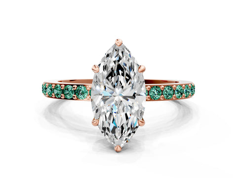 Rose gold Marquise Cut Diamond Pavé Engagement Ring with Round with Green Sapphire side stone Accents and Prong Setting