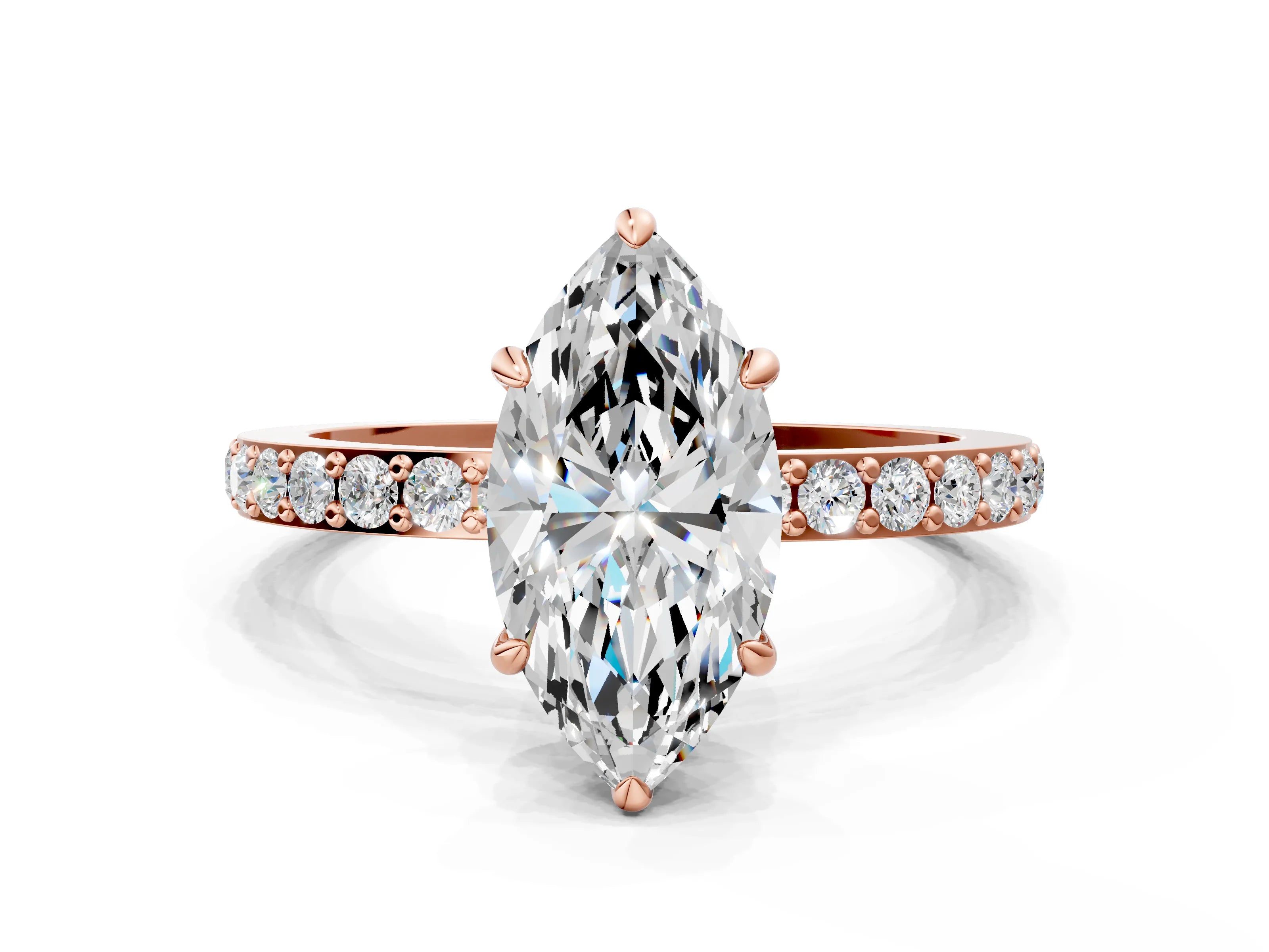 Rose gold Marquise Cut Diamond Pavé Engagement Ring with Round with Moissanite side stone Accents and Prong Setting