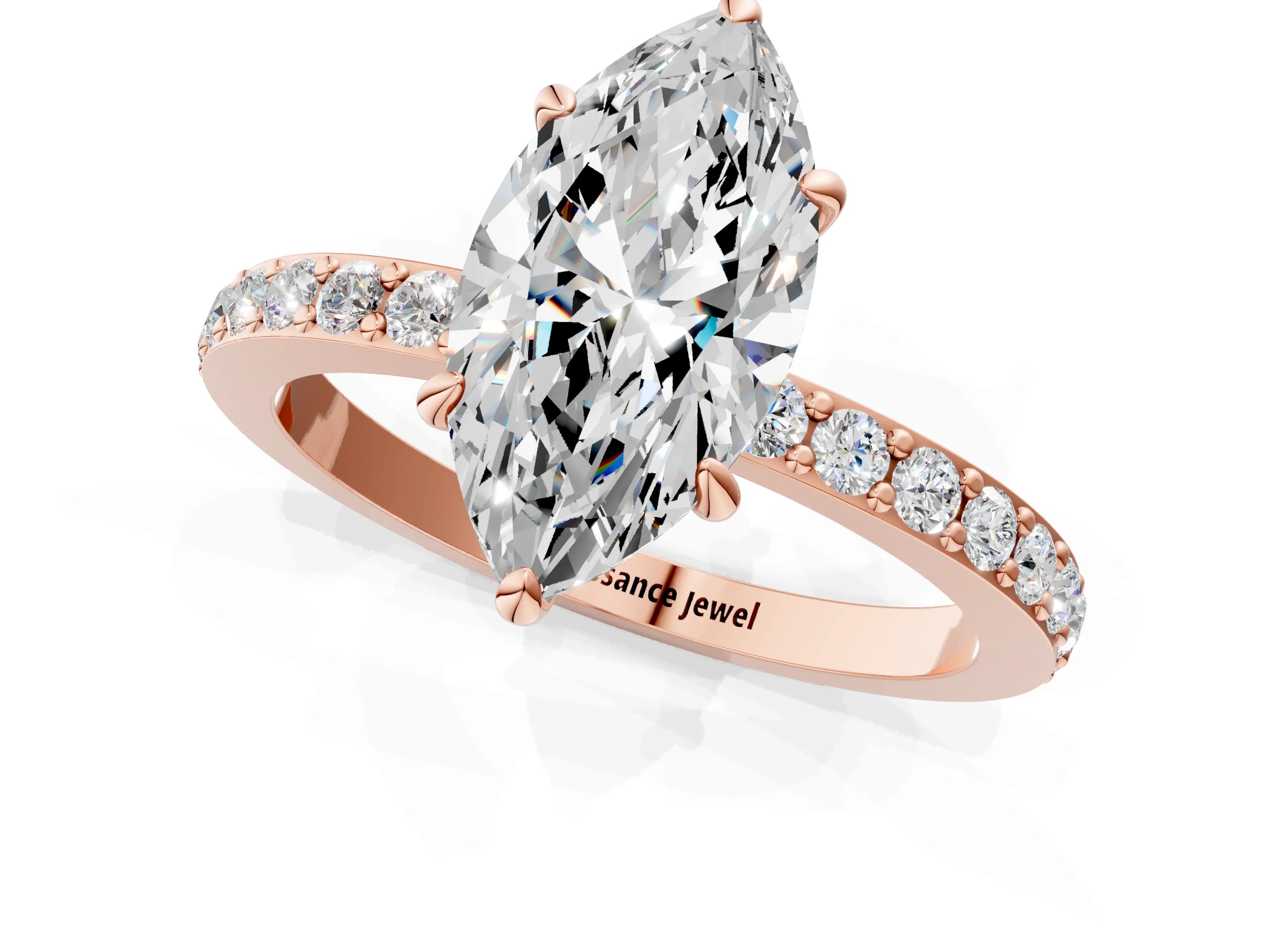 Rose gold Marquise Cut Diamond Pavé Engagement Ring with Round with Moissanite side stone Accents and Prong Setting_1