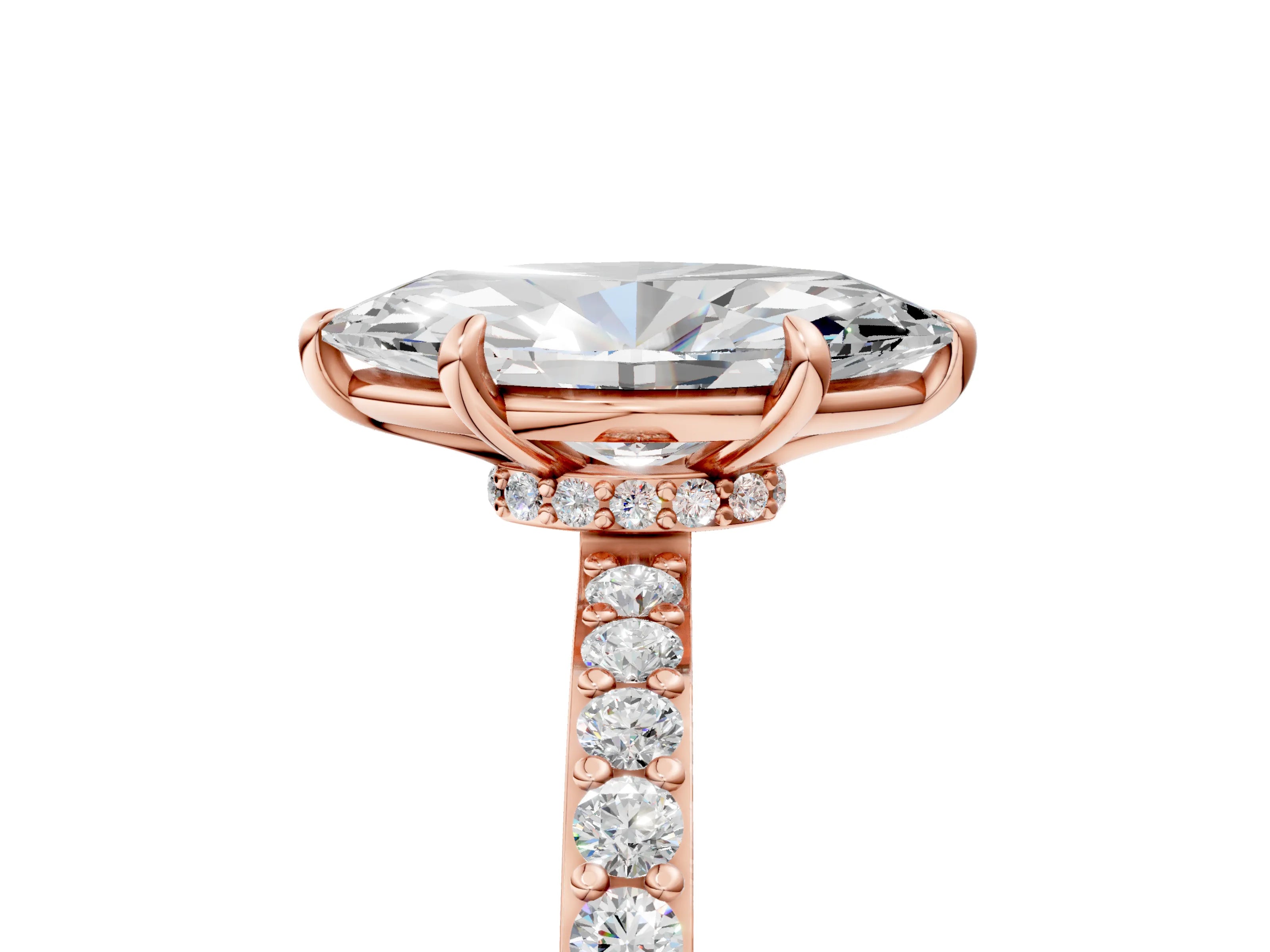 Rose gold Marquise Cut Diamond Pavé Engagement Ring with Round with Moissanite side stone Accents and Prong Setting_5
