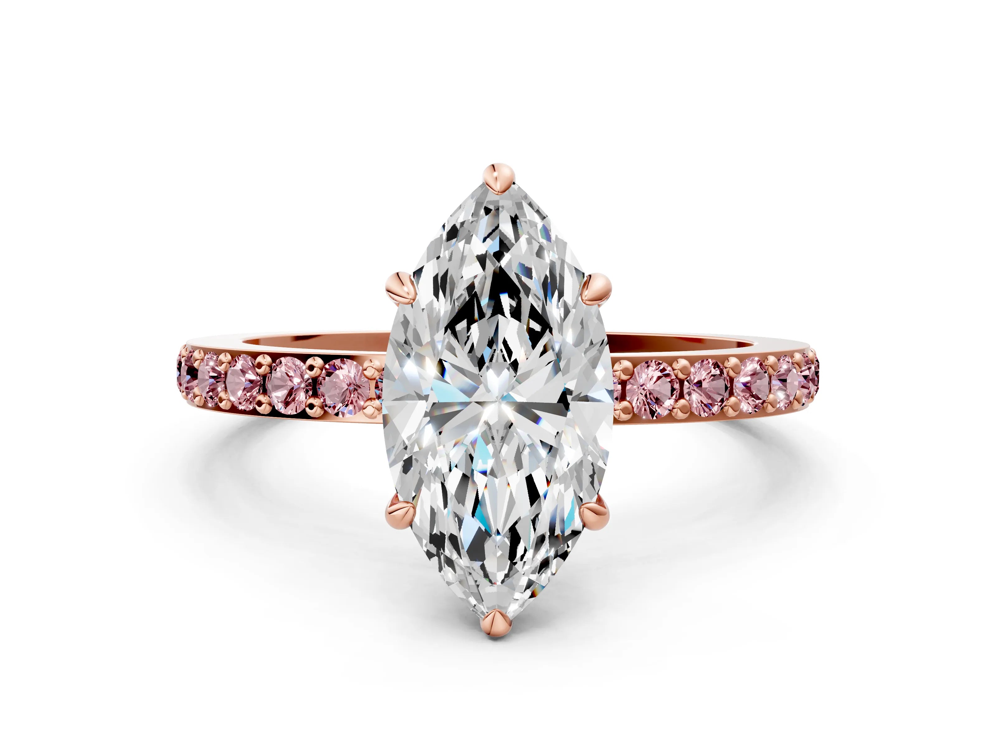 Rose gold Marquise Cut Diamond Pavé Engagement Ring with Round with Morganite side stone Accents and Prong Setting