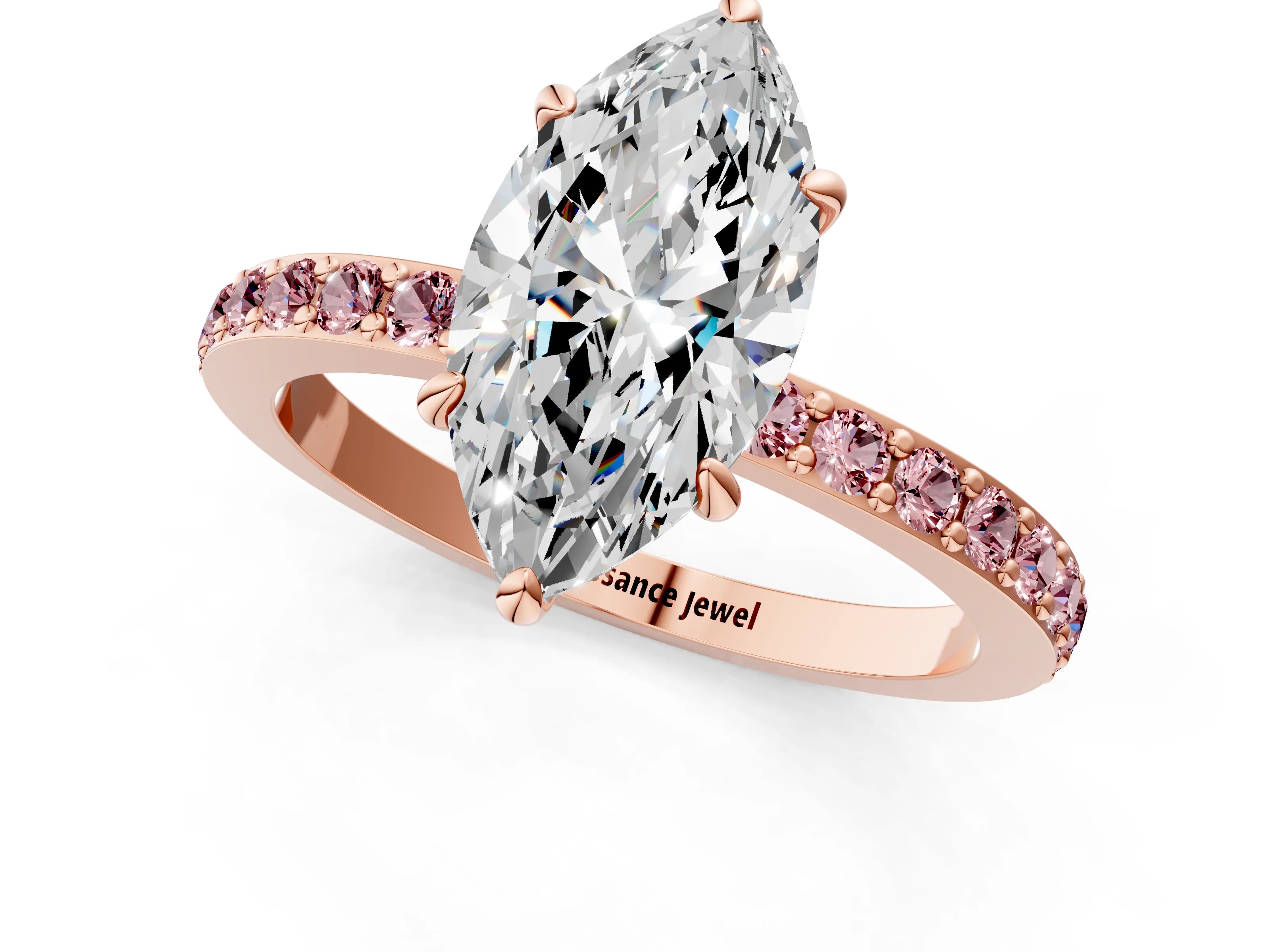 Rose gold Marquise Cut Diamond Pavé Engagement Ring with Round with Morganite side stone Accents and Prong Setting_1