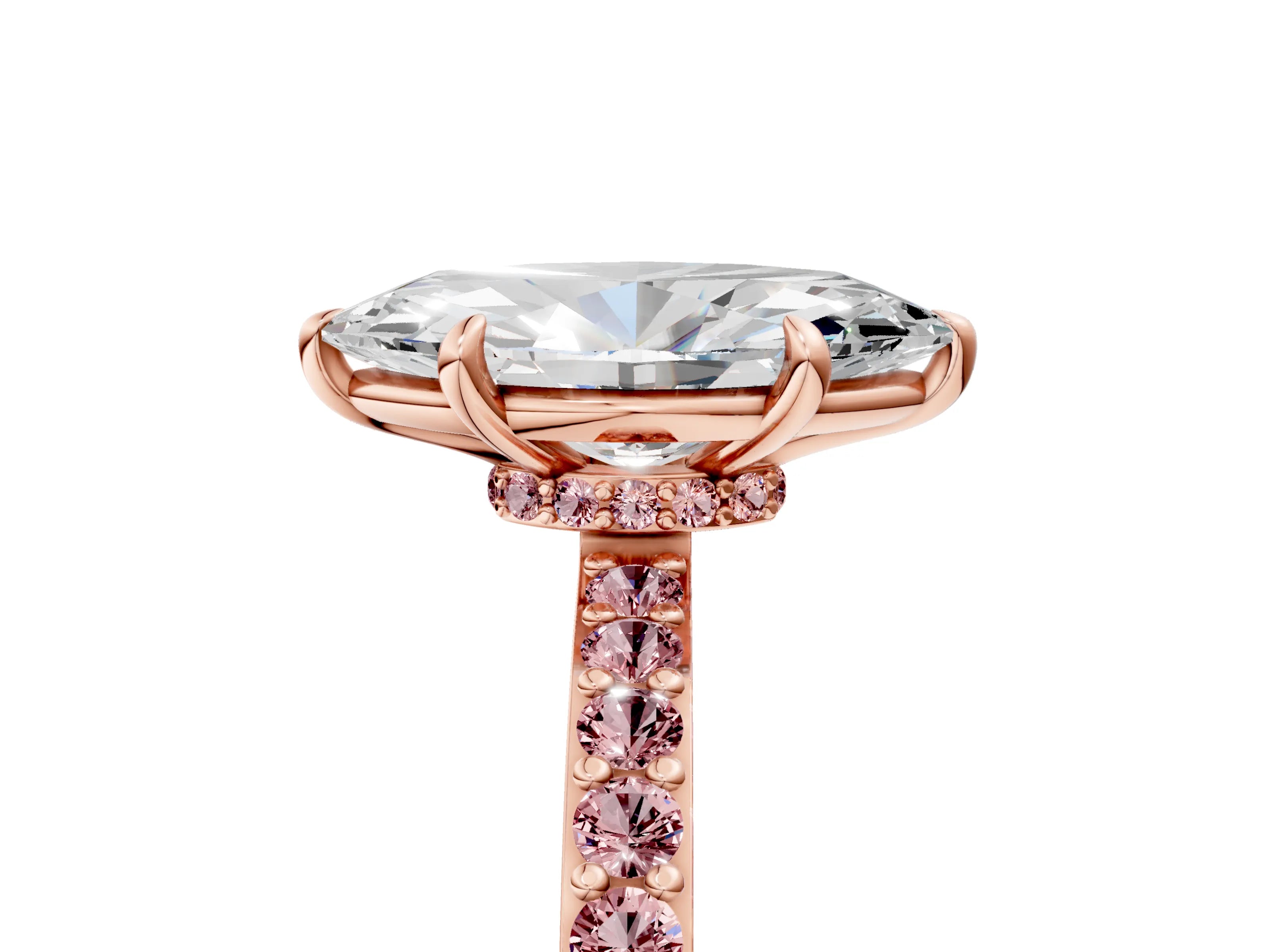 Rose gold Marquise Cut Diamond Pavé Engagement Ring with Round with Morganite side stone Accents and Prong Setting_5