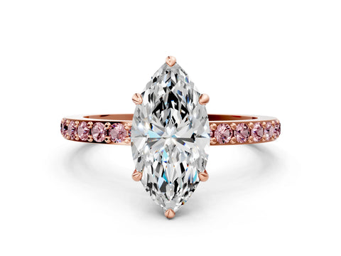 Rose gold Marquise Cut Diamond Pavé Engagement Ring with Round with Morganite side stone Accents and Prong Setting