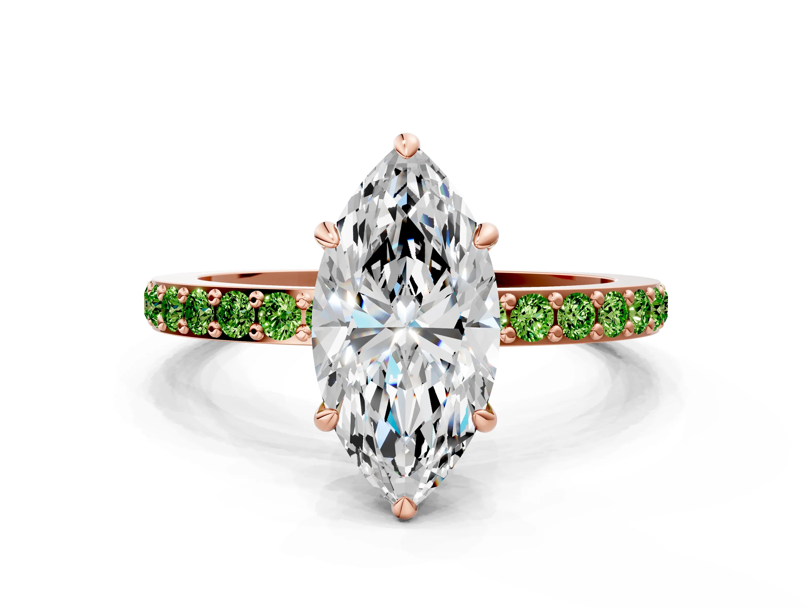 Rose gold Marquise Cut Diamond Pavé Engagement Ring with Round with Peridot side stone Accents and Prong Setting