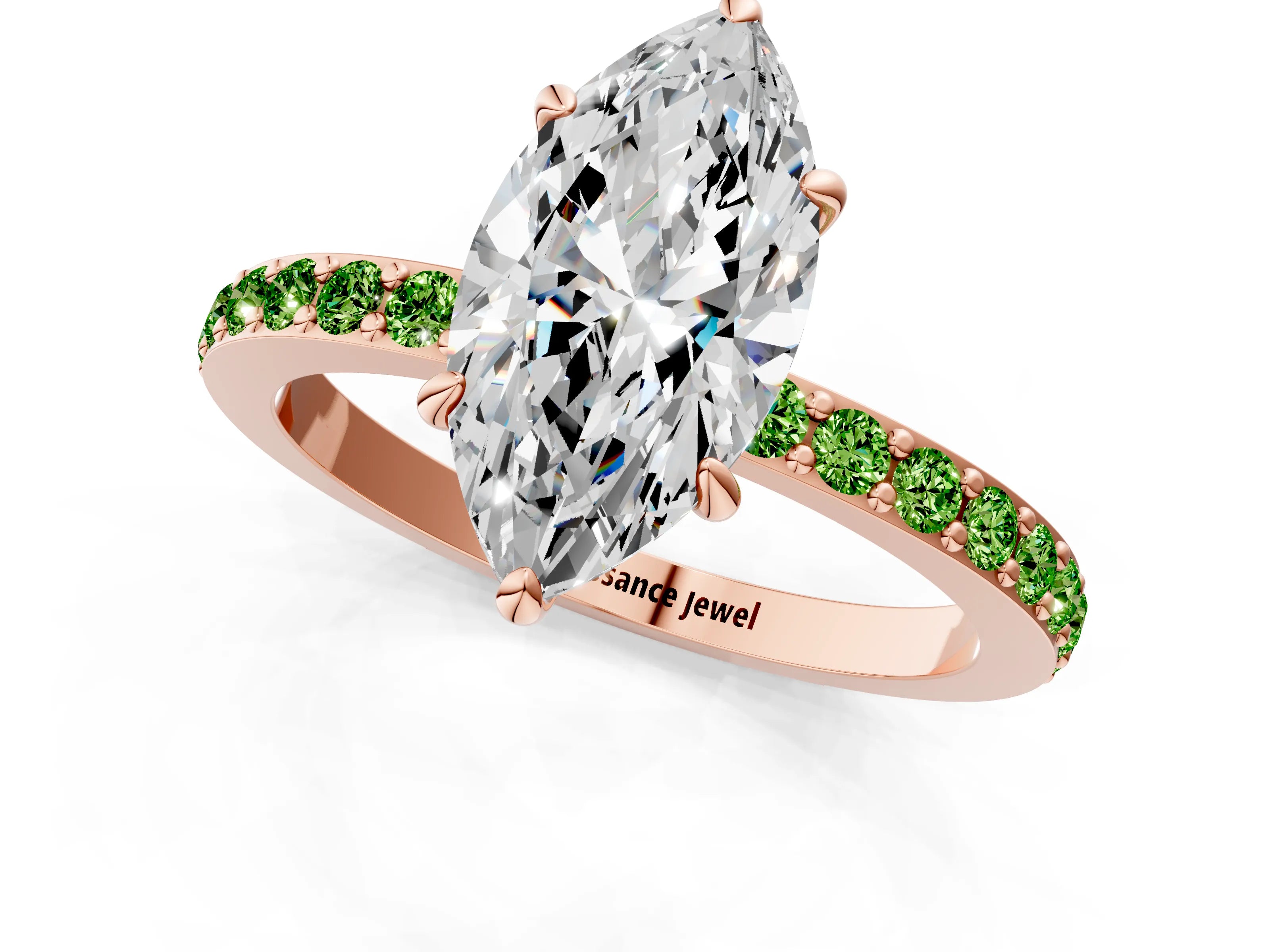 Rose gold Marquise Cut Diamond Pavé Engagement Ring with Round with Peridot side stone Accents and Prong Setting_1